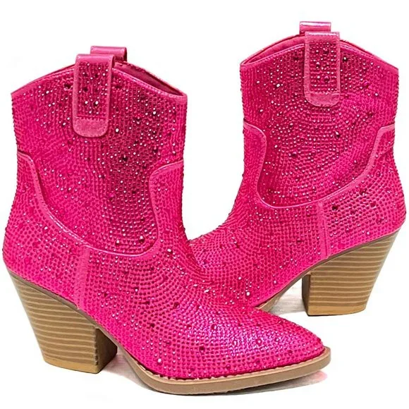 New Women Fuchsia Hot Pink Rhinestone Cowboy Western Ankle Short Boots Booties - Picture 4 of 5